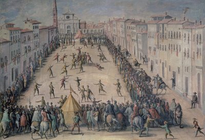 Ein Fußballspiel auf der Piazza Santa Maria Novella, Florenz, 1555 von Jan van der Straet